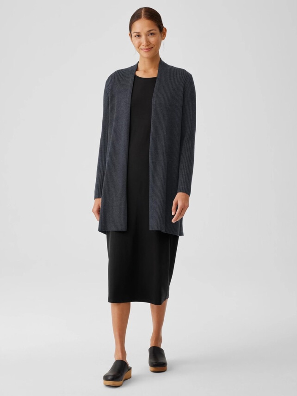 Eileen Fisher Open-Front Ribbed Long Cardigan Sweater - Charcoal